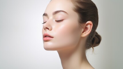 face model, full face in the shot, photographic style, smooth skin, hand on the face, white background