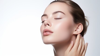 face model, full face in the shot, photographic style, smooth skin, hand on the face, white background