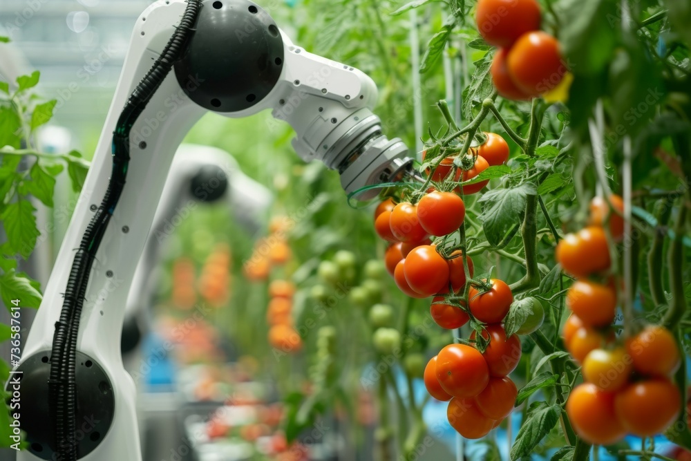 Poster modern greenhouse with robots. backdrop with selective focus and copy space