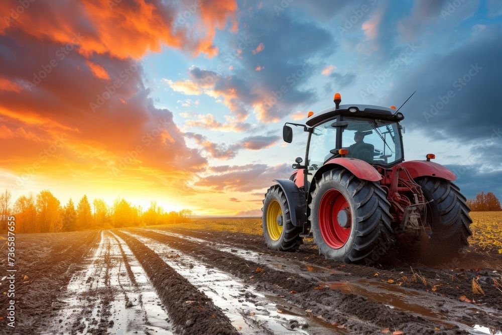 Aufkleber tractor in the field. backdrop with selective focus and copy space