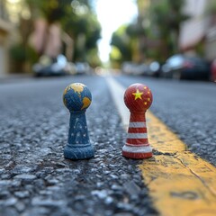 Economic battle, USA versus China, financial and political confrontation, flag, chessboard, conflict