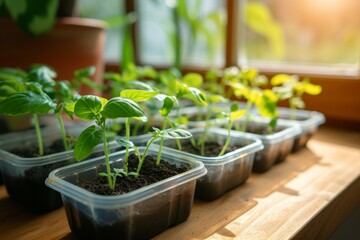 Spring seedlings in trays. Backdrop with selective focus and copy space