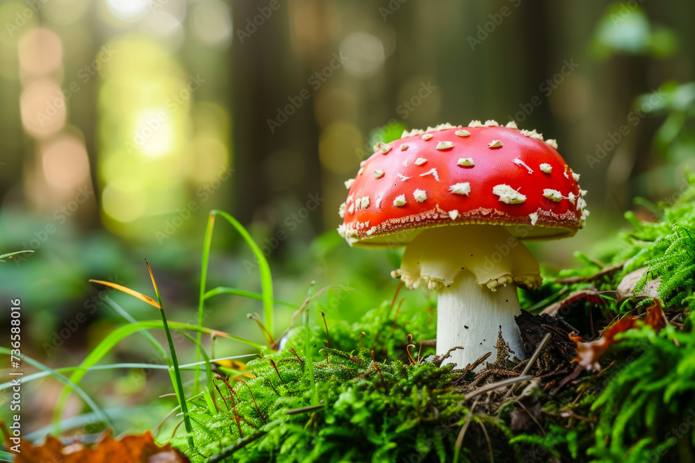 Poster fly agaric in the forest. background with selective focus and copy space