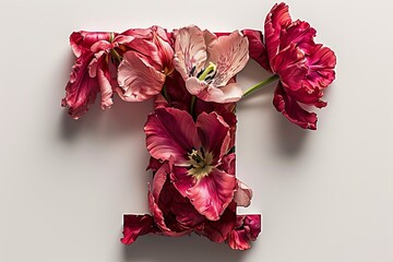 3d modern style tulip flower letter  t  isolated on white background for design and decoration