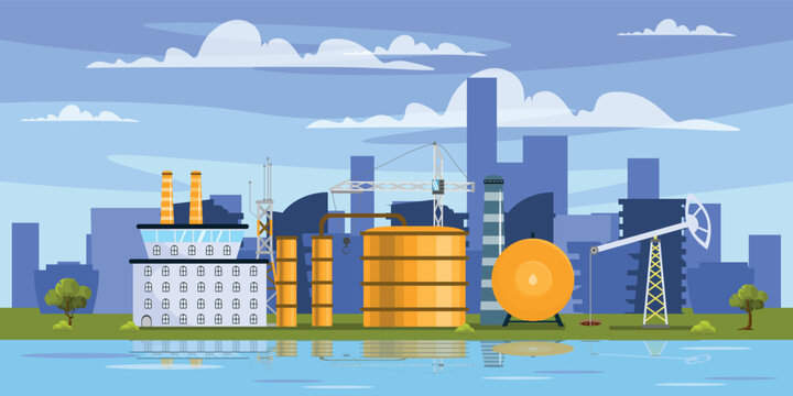 Vector illustration of the modern oil refining industry. Cartoon scenes of oil refineries with crane lifting, pipes,silhouettes of city buildings ,trees,bushes,river with reflection of factories,sky.