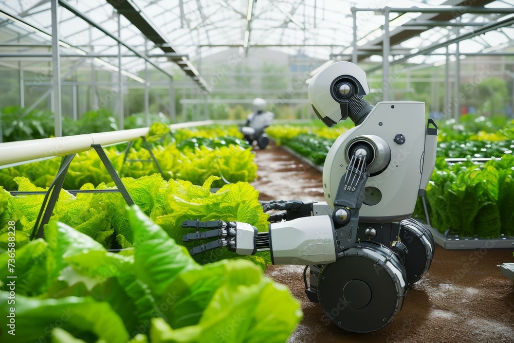 Aufkleber modern greenhouse with robots. background with selective focus and copy space