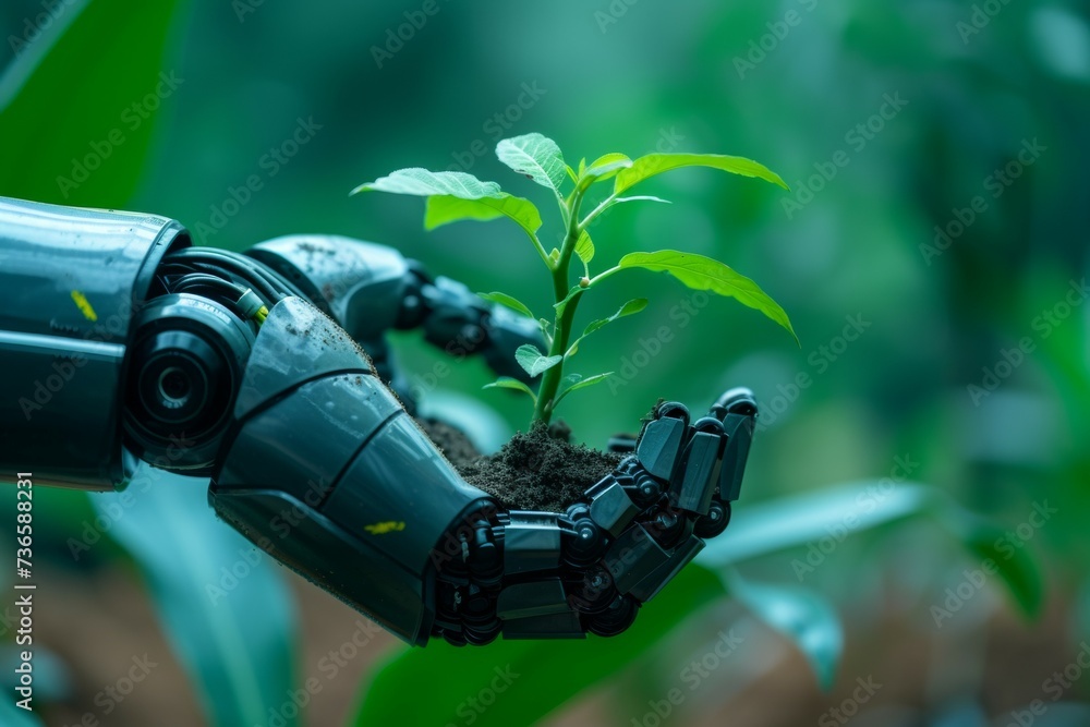 Poster a robot hand works on a modern farm. background with selective focus and copy space