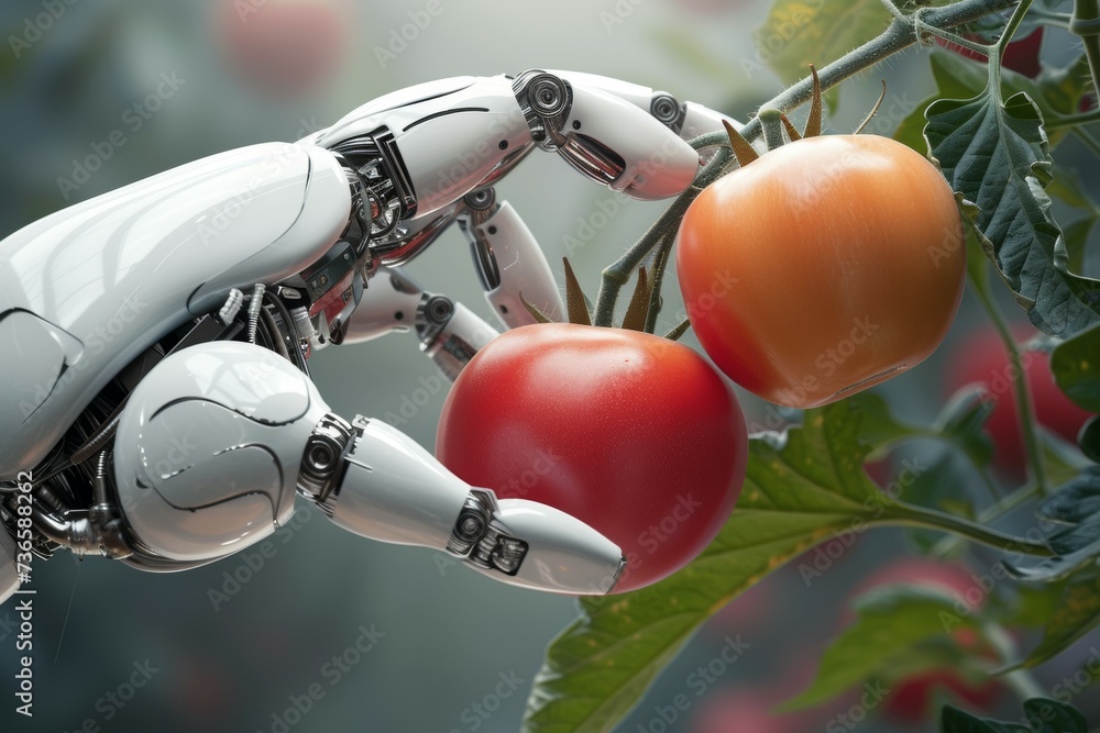 Poster a robot hand works on a modern farm. background with selective focus and copy space