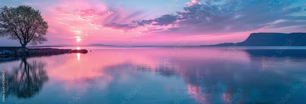 Poster sunset panorama over the river. background with selective focus and copy space