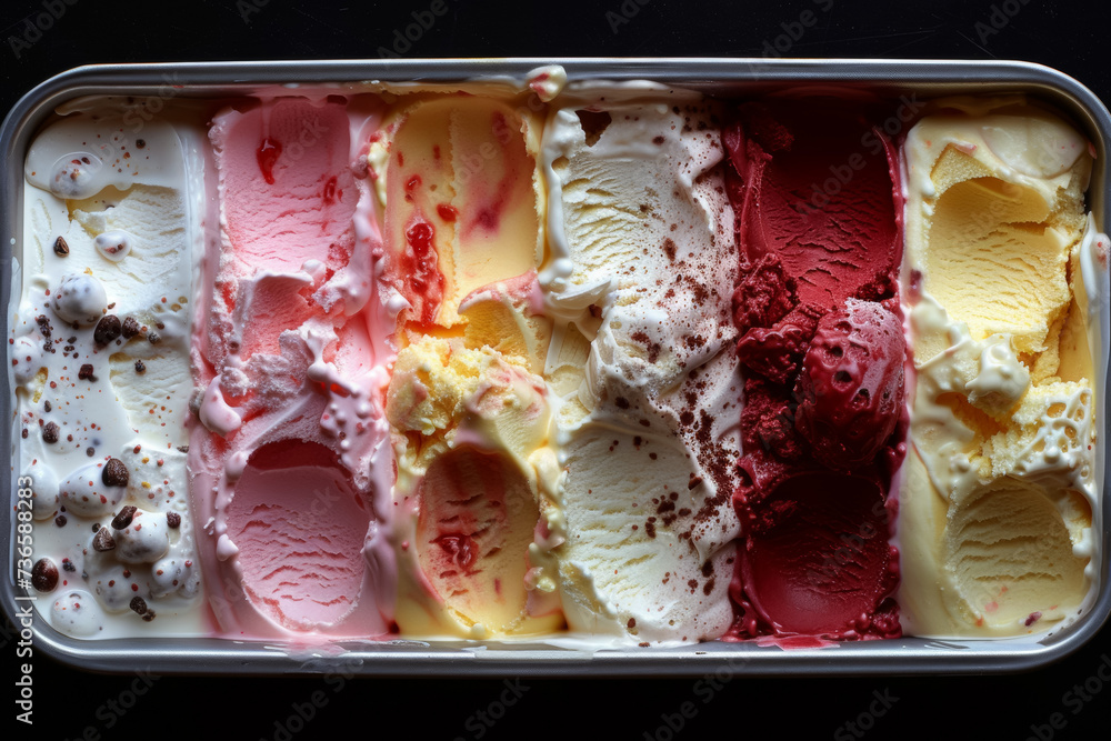 Poster trays with an assortment of different ice creams. background with selective focus and copy space
