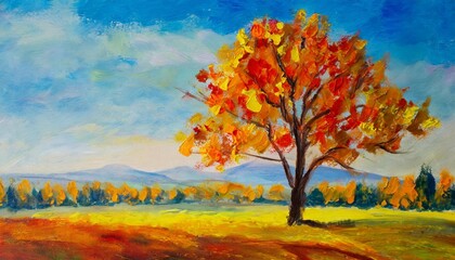 Naklejka na ściany i meble oil painting landscape colorful autumn tree abstract style