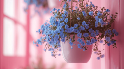 A dreamy blush pink setting with Sky Blue Lobelia flowers in a hanging pot.