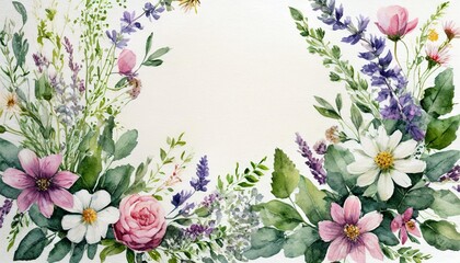 watercolor frame with herbs and wildflowers free space for your text design great for label designs cards and invitations delicate botanical painting in vintage style