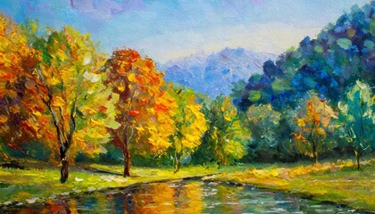 oil painting landscape colorful trees hand painted impressionist outdoor landscape