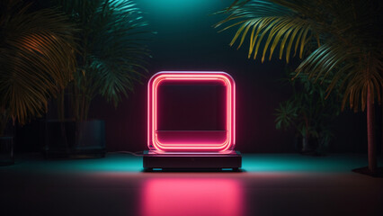 "Urban Glow: Modern Minimalism with Neon Frame and Palm Accents"