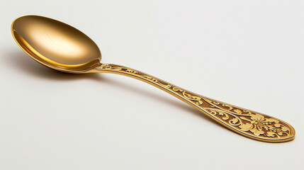 A golden spoon with intricate patterns displayed elegantly on a white background.