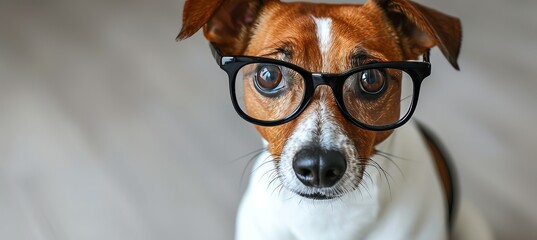 Smart dog wearing black glasses, isolated on grey background, with space for text on the right side.