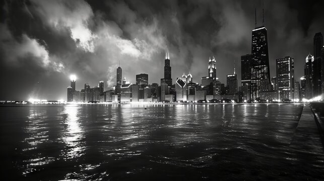 Chicago cityscape panoramic looking out from across Lake Michigan in Illinois USA --ar 16:9 --v 6 Job ID: d6cdbdc5-4e30-4dc0-99d9-4f3a7a528258