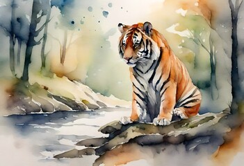 tiger in the forest watercolour painting 