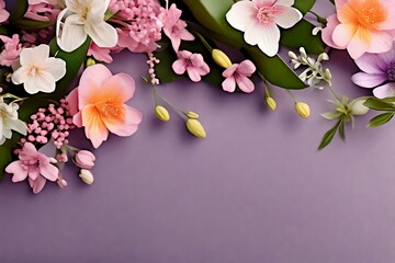 Banner with spring flowers purple background copy space