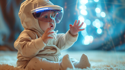 A high-definition image of a baby in comfortable onesies, playfully interacting with a virtual world.