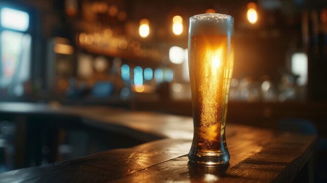 Cold beer in a glass, close up in a dark pub with a sunset light on it. Beer banner. --ar 16:9 --v 6 Job ID: 2fb68766-1154-44cb-8a58-bc6dddb4438e
