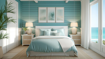 A light and airy coastal bedroom with teal highlights, a stylish bed, and a white frame mockup.