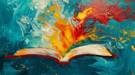 A lively scene of an open book against turquoise, accented with fiery red and yellow paint.