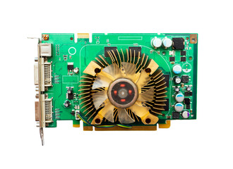 Top view. Computer board with resistor. PC cooling cooler. Computer parts or spare parts....