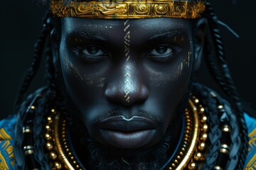 The leader of a wild African tribe, tattoo art on the face, a pagan warrior of the tribe,