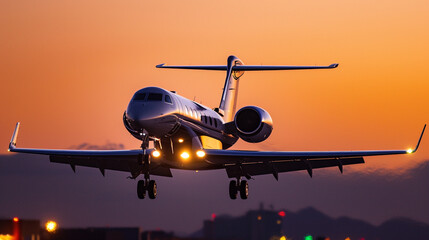 A luxurious private jet ascending into the night, illuminated by the gentle glow of the setting sun.