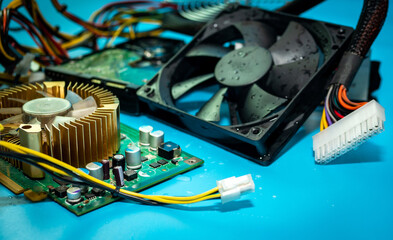 Top view, CPU ventilation system, computer cooler, black computer fan. Resistor on a microcircuit,...
