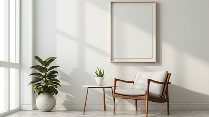 A minimalist setup with a white frame mockup on the wall, a mid-century modern chair, and a side table with a succulent.