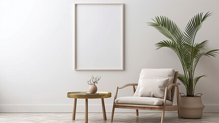 A modern Scandinavian room featuring a white frame mockup, a velvet gold-accented chair, and a simple wooden table.