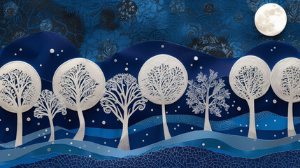 A night scene for Earth Day with silver and indigo paper-cut trees under a moonlit sky.