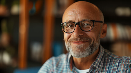 Mature employee or manager with glasses smiling and looking at the camera in the office - obrazy, fototapety, plakaty
