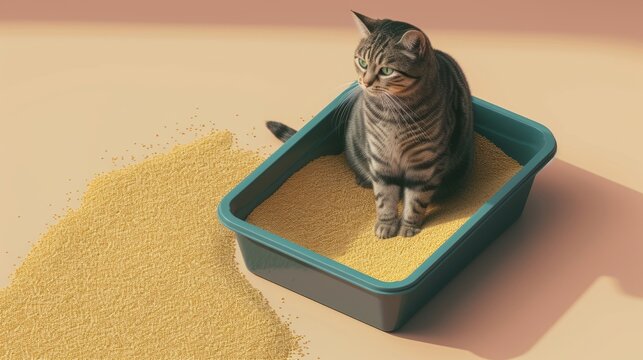 Cute isometric 3D image of create the image of a cat sitting next to a small dark blue litter box, with fine-grained, yellowish sand. --ar 16:9 --v 6 Job ID: a5981f58-9a37-4e88-94d2-d5045281cf31