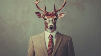 Deer in clothes with shiny horns. Business man in suit with tie with deer head. Graphic concept in vintage style. --ar 16:9 --v 6 Job ID: c5795678-7efb-43dc-a60a-5602a570a6d7