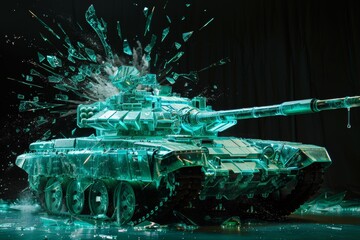 Military Tank Made of Green Glass Shatters.