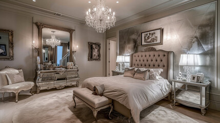 A vintage Hollywood-themed master bedroom with reflective furniture, a classic vanity, and a sparkling crystal chandelier.