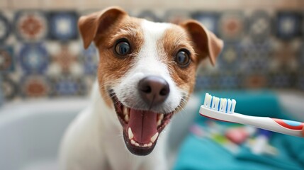 dog smiling with toothbrush --ar 16:9 --v 6 Job ID: 2a225856-d025-4b9e-89e7-d43caefe067e - obrazy, fototapety, plakaty