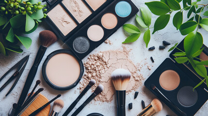 A well-arranged flat lay of makeup essentials including brushes, powders, and compact cases. - obrazy, fototapety, plakaty