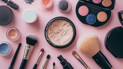 A well-arranged flat lay of makeup essentials including brushes, powders, and compact cases.