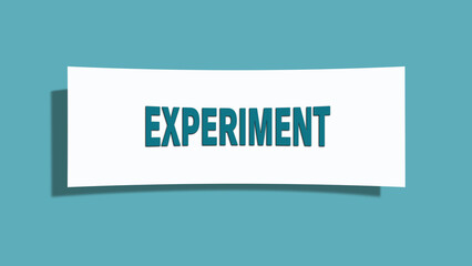 Experiment. Eine weisse Karte mit blaugruener Schrift und Schatten, isoliert auf blaugruenem Hintergrund.