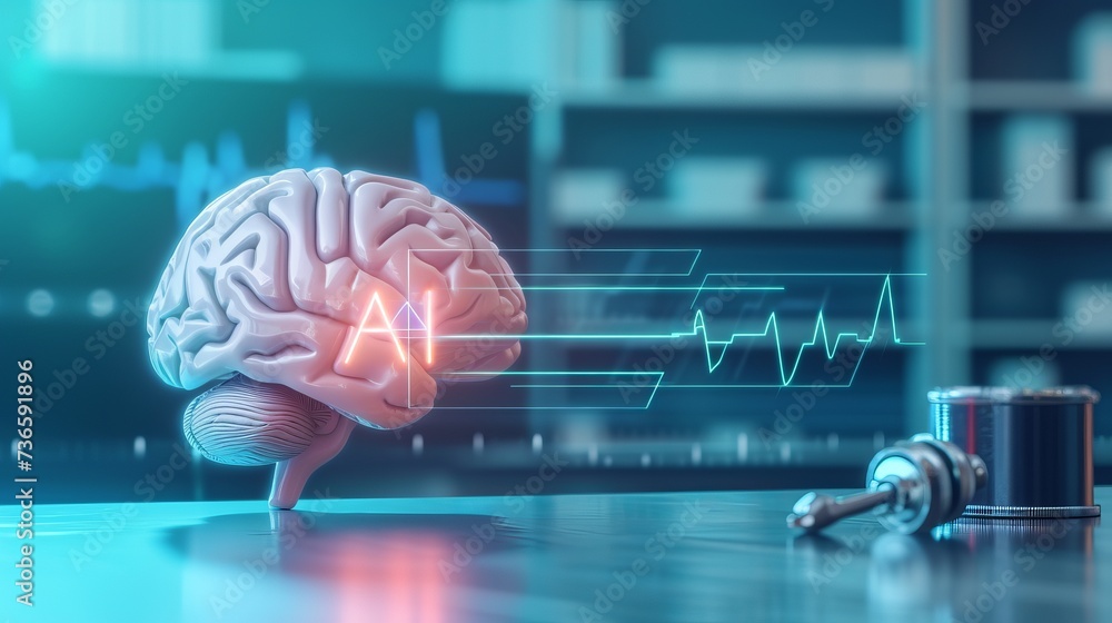 Poster artificial intelligence icon in digital heartbeat line with copy space, blurred background