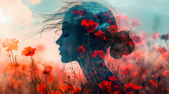 An artistic blend of an abstract female outline and a field of vivid red wildflowers in double exposure.