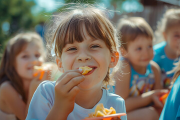 Pupils having a snack outdoor, break time in school