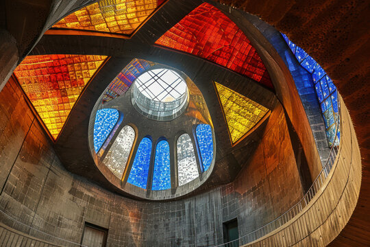 Round Stainglass window blue, red, yellow, with patterns was inside a church