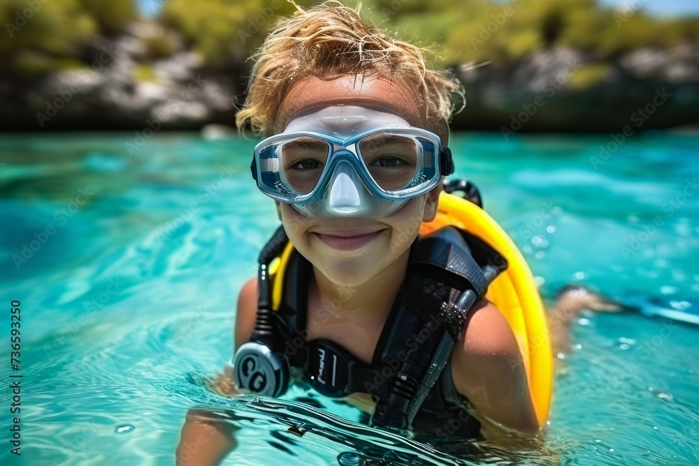 Poster child at diving lessons. background with selective focus and copy space