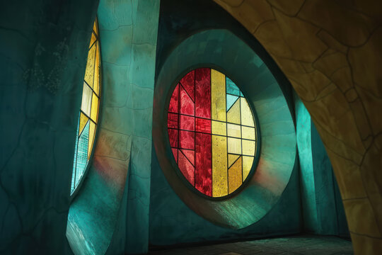 Round Stainglass window blue, red, yellow, with patterns was inside a church